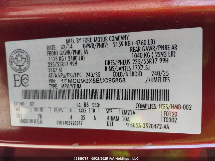 1FMCU9GX5EUC95858 2014 FORD ESCAPE photo no. 9