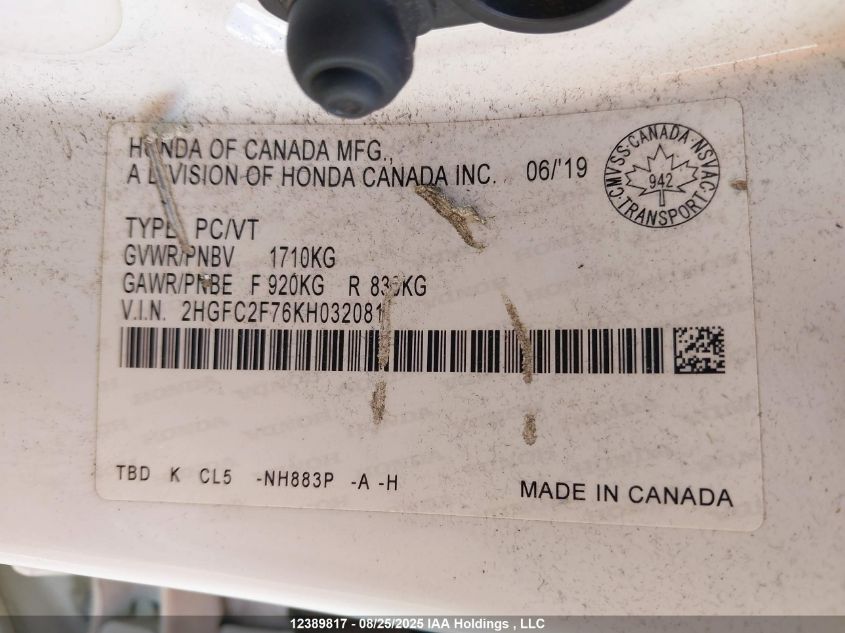 2019 Honda Civic VIN: 2HGFC2F76KH032081 Lot: 12389817