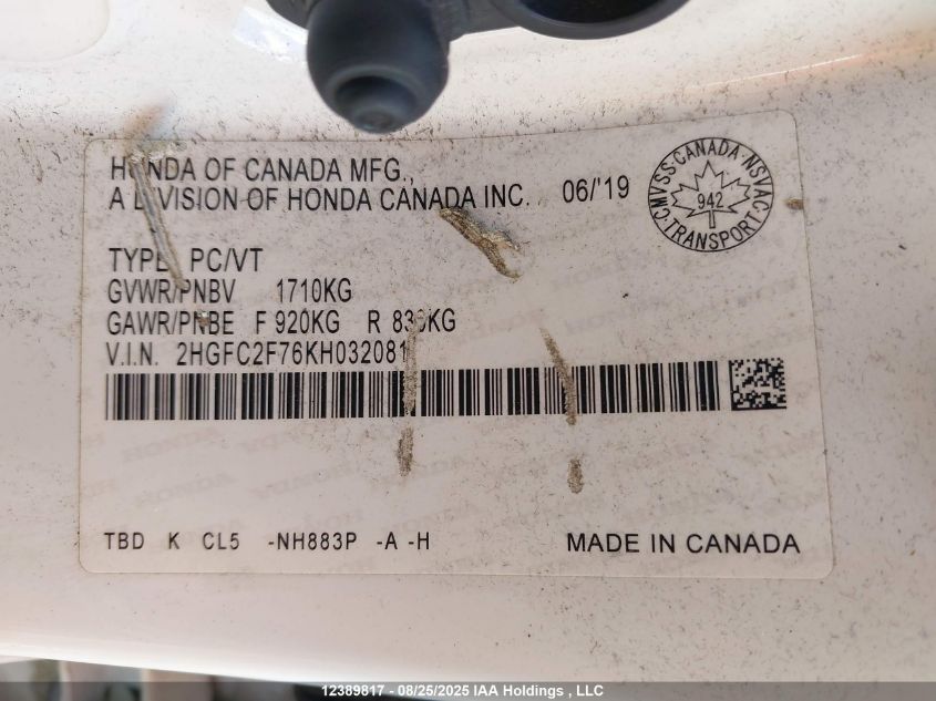2019 Honda Civic VIN: 2HGFC2F76KH032081 Lot: 12389817