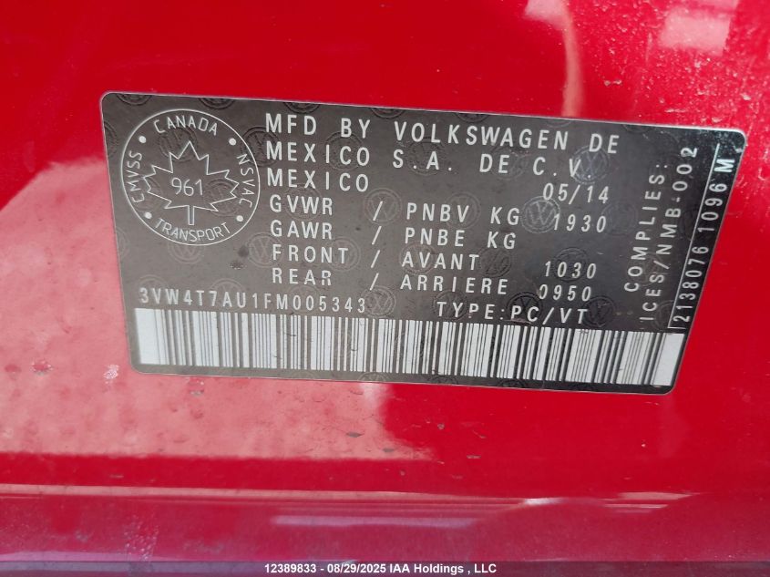 2015 Volkswagen Golf Gti VIN: 3VW4T7AU1FM005343 Lot: 12389833