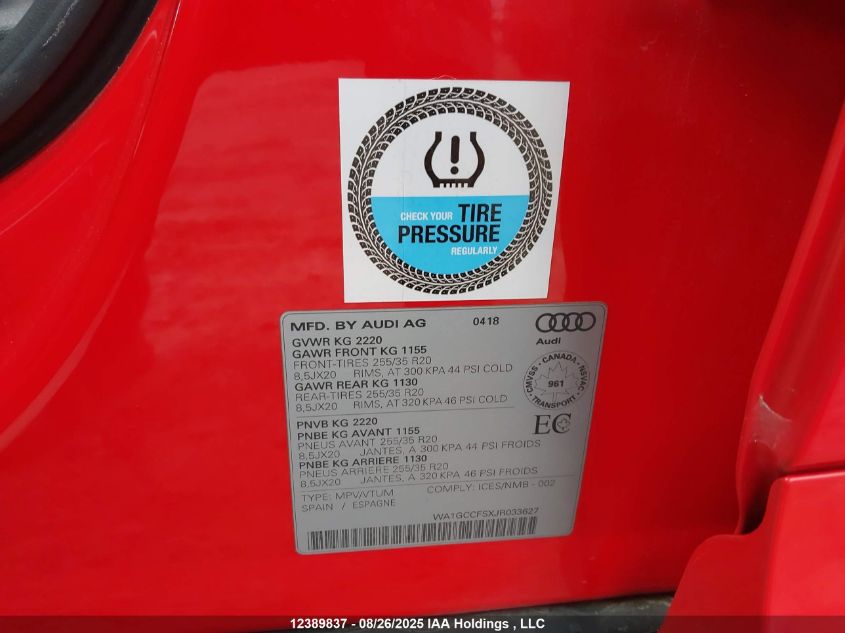 2018 Audi Q3 2.0T Technik VIN: WA1GCCFSXJR033627 Lot: 12389837