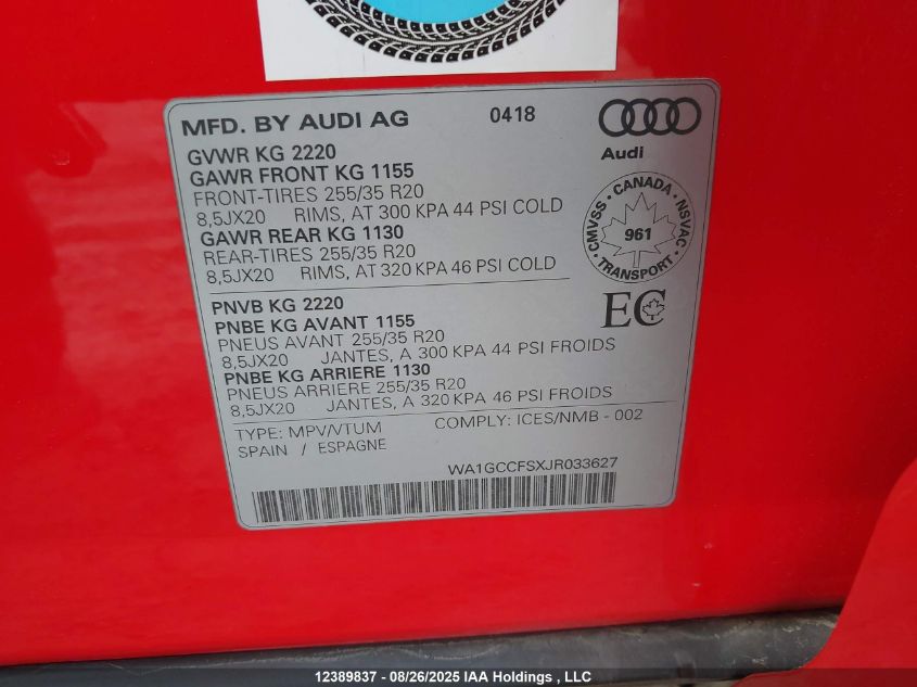 2018 Audi Q3 2.0T Technik VIN: WA1GCCFSXJR033627 Lot: 12389837