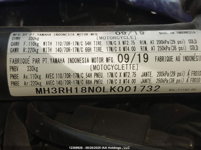 2020 Yamaha Yzfr3 A VIN: MH3RH18N0LK001732 Lot: 12389926