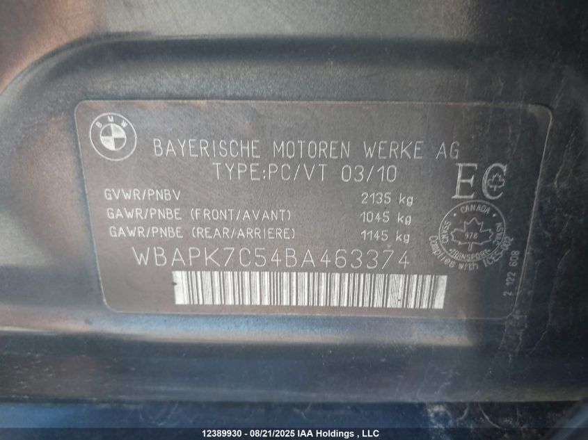 2011 BMW 328I xDrive VIN: WBAPK7C54BA463374 Lot: 12389930