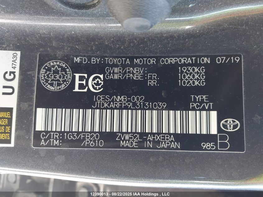 2020 Toyota Prius Prime Le/Xle/Limited VIN: JTDKARFP9L3131039 Lot: 12390013