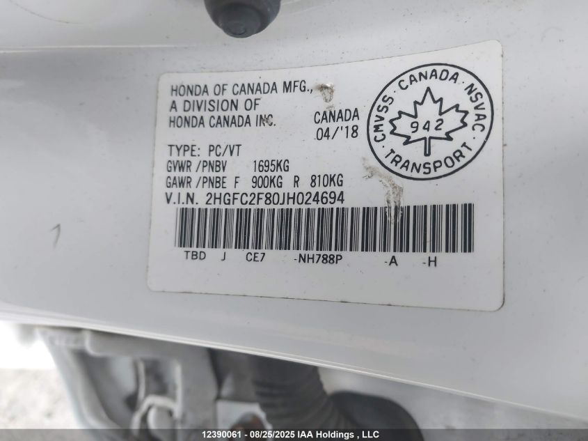 2018 Honda Civic Ex 4Dr VIN: 2HGFC2F80JH024694 Lot: 12390061