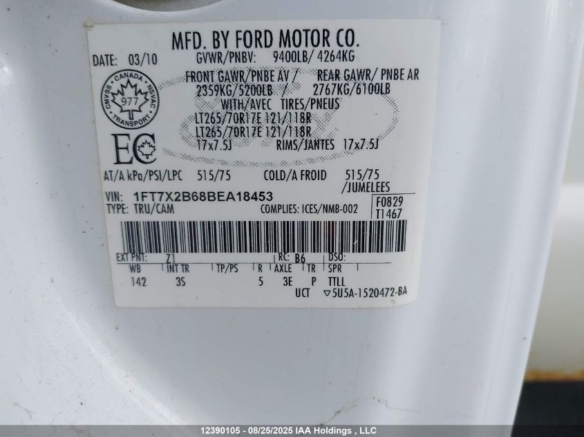 2011 Ford F-250 Xlt VIN: 1FT7X2B68BEA18453 Lot: 12390105