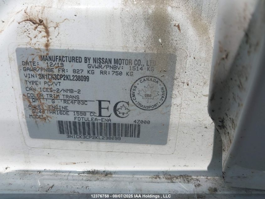 2019 Nissan Micra S/Sr/Sv VIN: 3N1CK3CP2KL238099 Lot: 12376758X