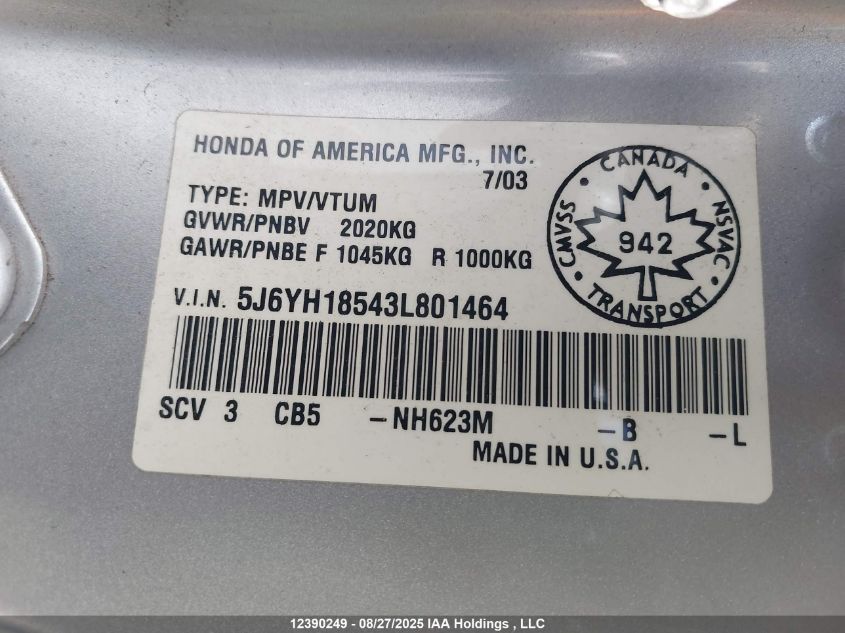 2003 Honda Element Ex VIN: 5J6YH18543L801464 Lot: 12390249