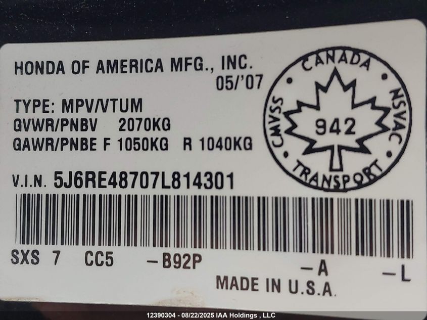 2007 Honda Cr-V VIN: 5J6RE48707L814301 Lot: 12390304