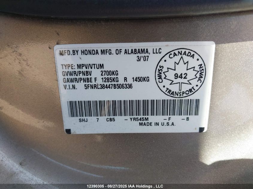 2007 Honda Odyssey Ex VIN: 5FNRL38447B506336 Lot: 12390305