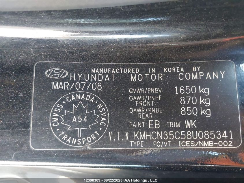 2008 Hyundai Accent VIN: KMHCN35C58U085341 Lot: 12390309