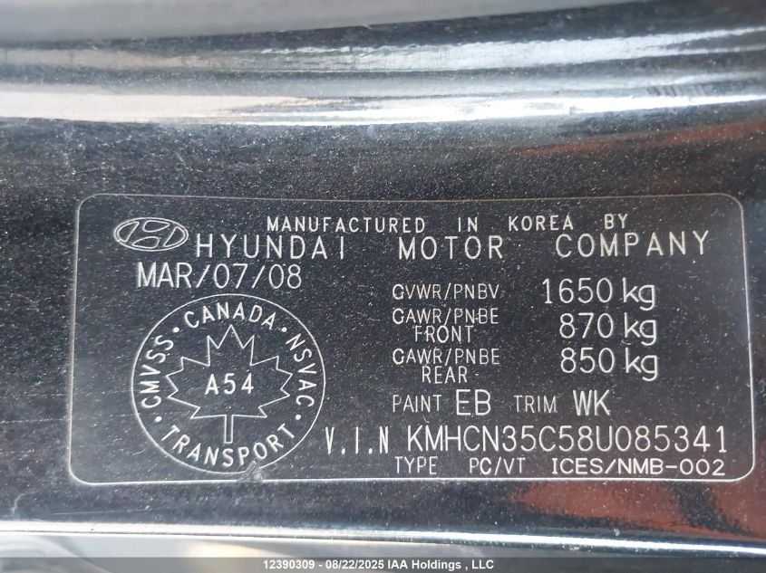 2008 Hyundai Accent VIN: KMHCN35C58U085341 Lot: 12390309