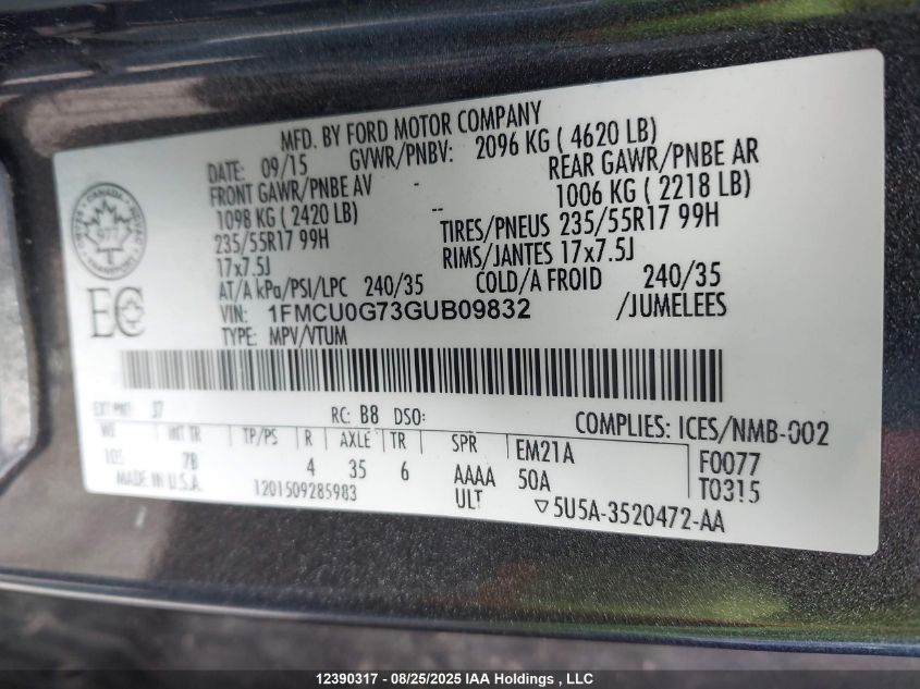 2016 Ford Escape Se VIN: 1FMCU0G73GUB09832 Lot: 12390317