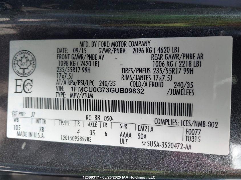 2016 Ford Escape Se VIN: 1FMCU0G73GUB09832 Lot: 12390317