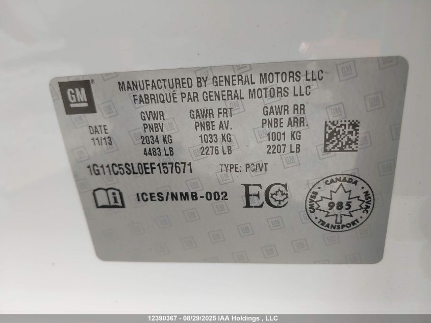 2014 Chevrolet Malibu 1Lt VIN: 1G11C5SL0EF157671 Lot: 12390367