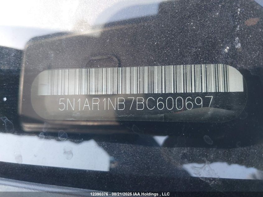 2011 Nissan Pathfinder Silver/Sv VIN: 5N1AR1NB7BC600697 Lot: 12390376