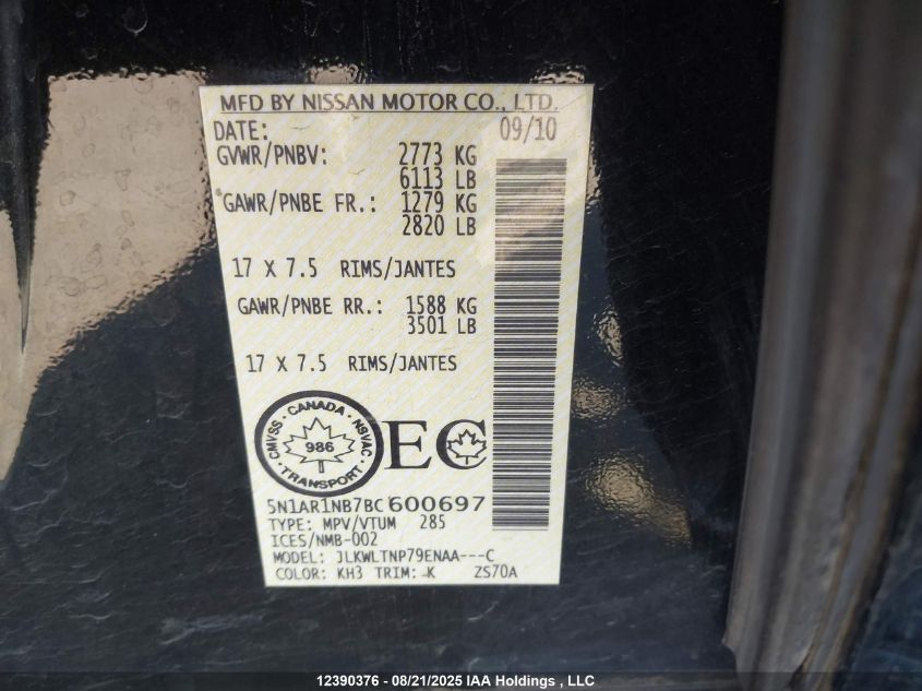 2011 Nissan Pathfinder Silver/Sv VIN: 5N1AR1NB7BC600697 Lot: 12390376