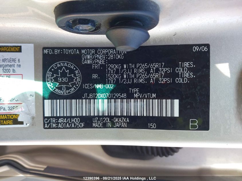 2007 Lexus Gx 470 470 VIN: JTJBT20X070129548 Lot: 12390396