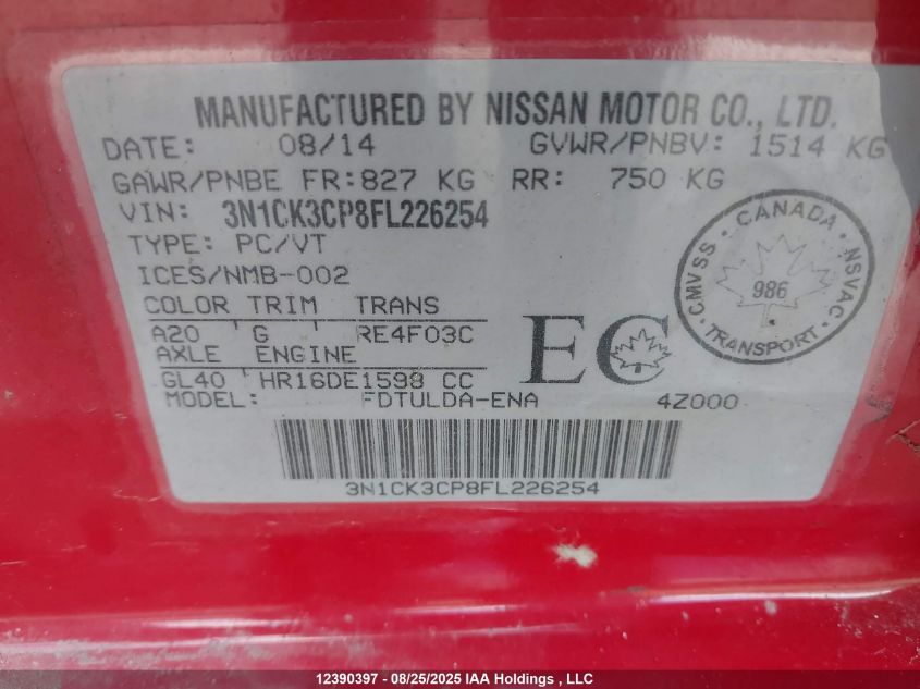 2015 Nissan Micra VIN: 3N1CK3CP8FL226254 Lot: 12390397