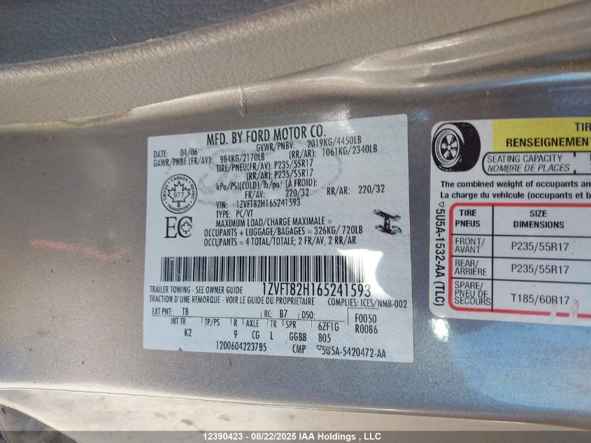 2006 Ford Mustang Gt VIN: 1ZVFT82H165241593 Lot: 12390423