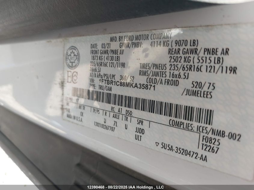 2021 Ford Transit T-250 VIN: 1FTBR1C88MKA35871 Lot: 12390468