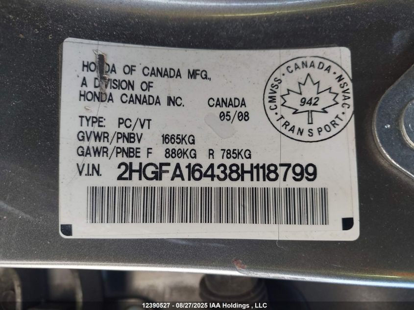 2008 Honda Civic Dx-G VIN: 2HGFA16438H118799 Lot: 12390527