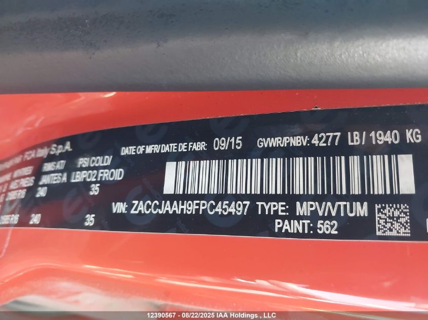 2015 Jeep Renegade Sport VIN: ZACCJAAH9FPC45497 Lot: 12390567