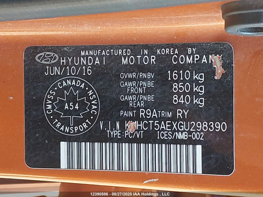 2016 Hyundai Accent Se VIN: KMHCT5AEXGU298390 Lot: 12390586