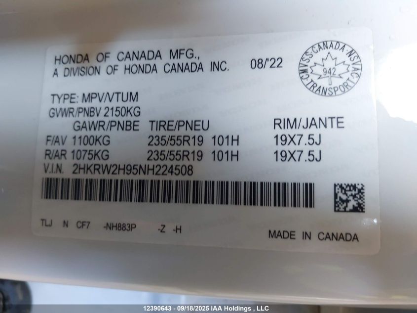2022 Honda Cr-V Touring VIN: 2HKRW2H95NH224508 Lot: 12390643