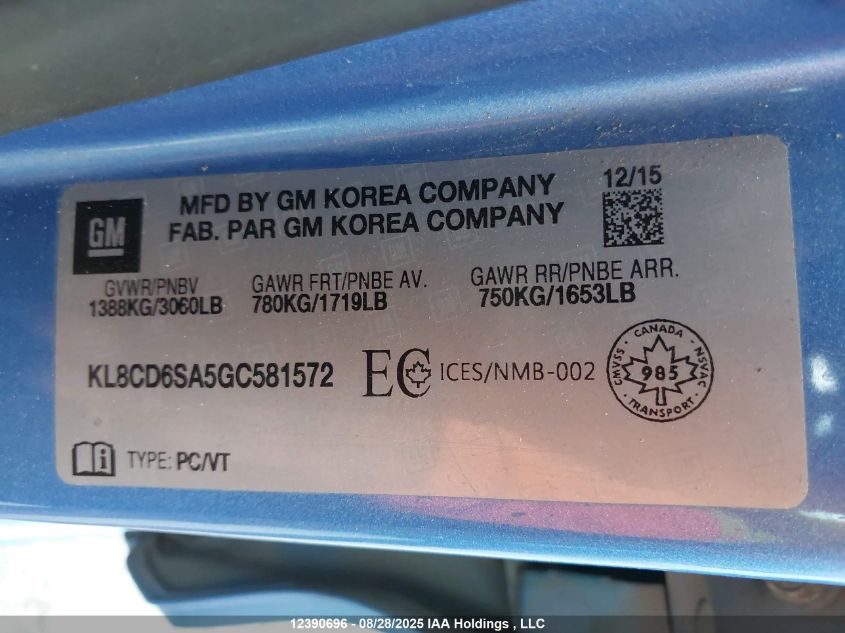 2016 Chevrolet Spark VIN: KL8CD6SA5GC581572 Lot: 12390696