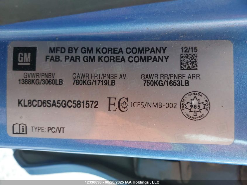 2016 Chevrolet Spark VIN: KL8CD6SA5GC581572 Lot: 12390696