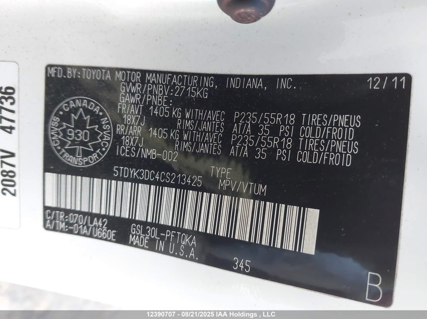 5TDYK3DC4CS213425 2012 TOYOTA SIENNA photo no. 9