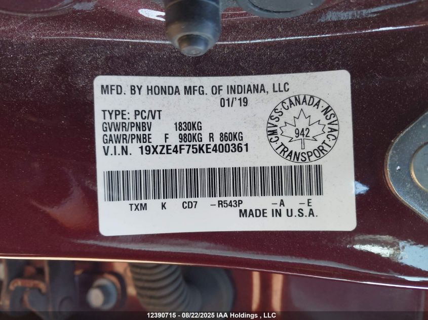 2019 Honda Insight Touring VIN: 19XZE4F75KE400361 Lot: 12390715