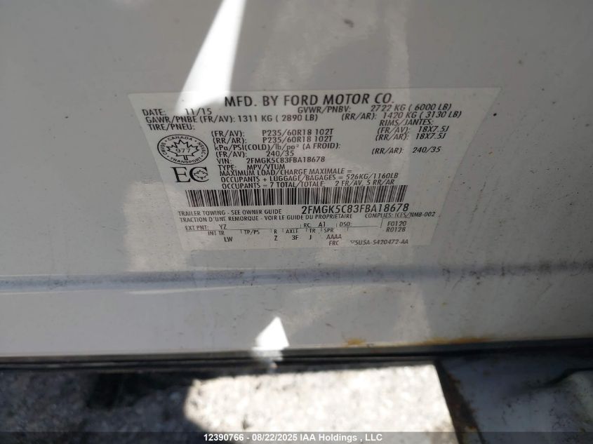 2015 Ford Flex Sel VIN: 2FMGK5C83FBA18678 Lot: 12390766