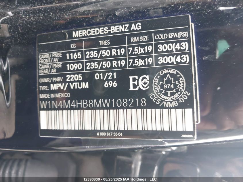 2021 Mercedes-Benz Glb 250 4Matic VIN: W1N4M4HB8MW108218 Lot: 12390830