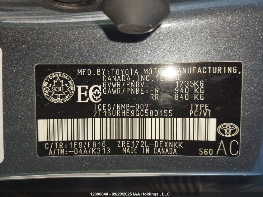 2016 Toyota Corolla L/Le/Le Pls/Prm/S/S Pls VIN: 2T1BURHE9GC580155 Lot: 12390848