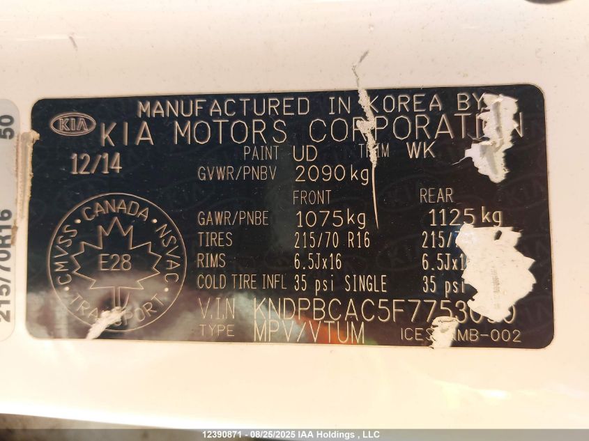 2015 Kia Sportage VIN: KNDPBCAC5F7753090 Lot: 12390871