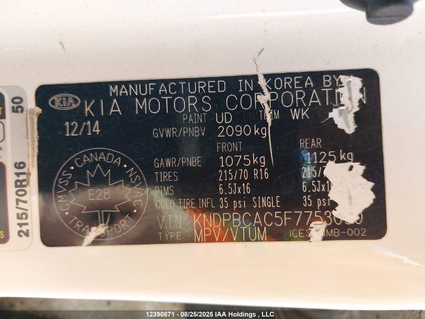 2015 Kia Sportage VIN: KNDPBCAC5F7753090 Lot: 12390871