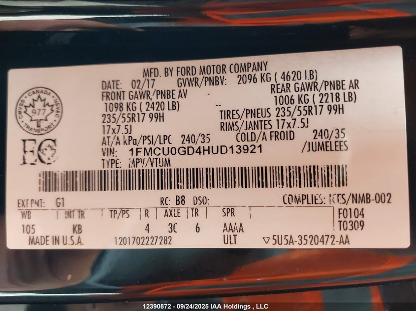 1FMCU0GD4HUD13921 2017 FORD ESCAPE photo no. 9