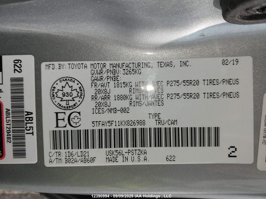 5TFAY5F11KX826988 2019 TOYOTA TUNDRA photo no. 9