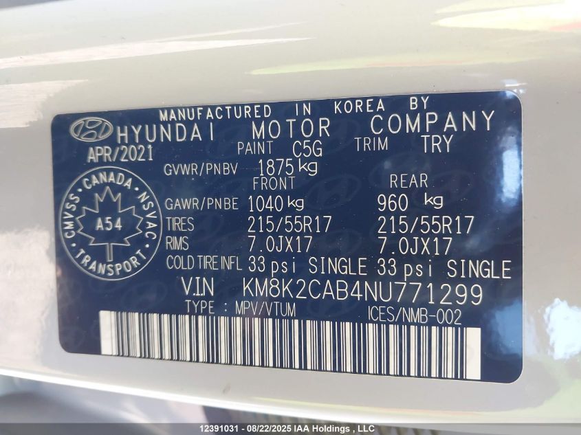 2022 Hyundai Kona Preferred Awd VIN: KM8K2CAB4NU771299 Lot: 12391031