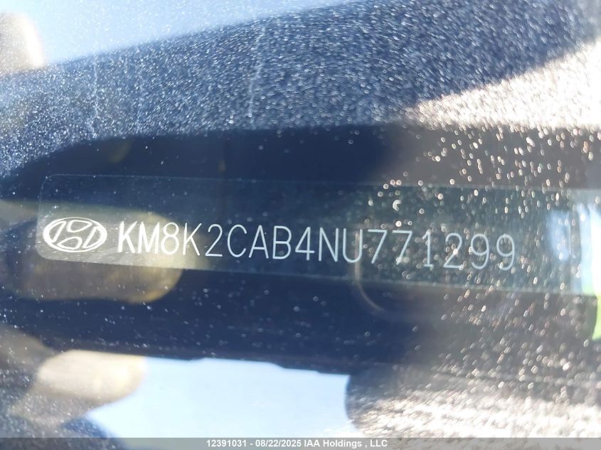 2022 Hyundai Kona Preferred Awd VIN: KM8K2CAB4NU771299 Lot: 12391031