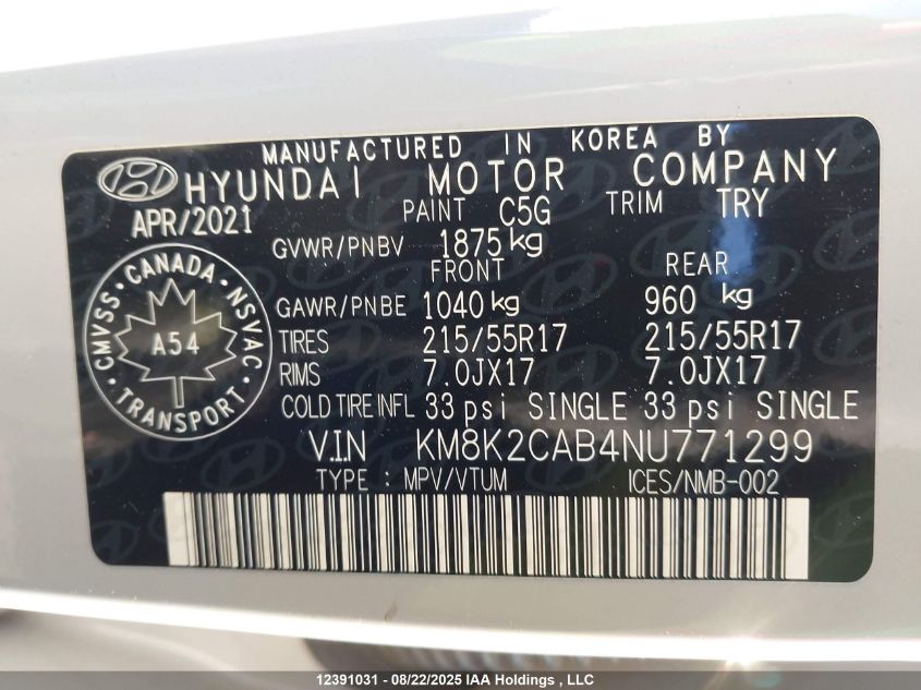 2022 Hyundai Kona Preferred Awd VIN: KM8K2CAB4NU771299 Lot: 12391031