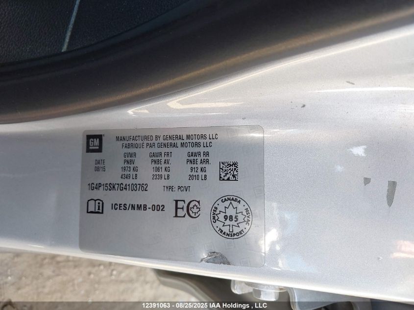 2016 Buick Verano VIN: 1G4P15SK7G4103762 Lot: 12391063