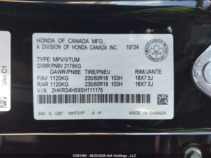 2025 Honda Cr-V Sport VIN: 2HKRS4H59SH111175 Lot: 12391093