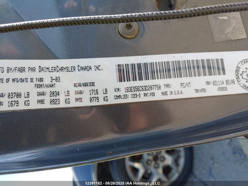 2003 Dodge Sx 2.0 VIN: 1B3ES56C63D207750 Lot: 12391182