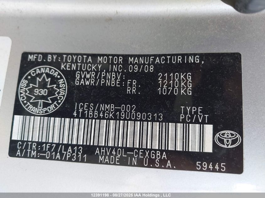 2009 Toyota Camry Hybrid VIN: 4T1BB46K19U090313 Lot: 12391198