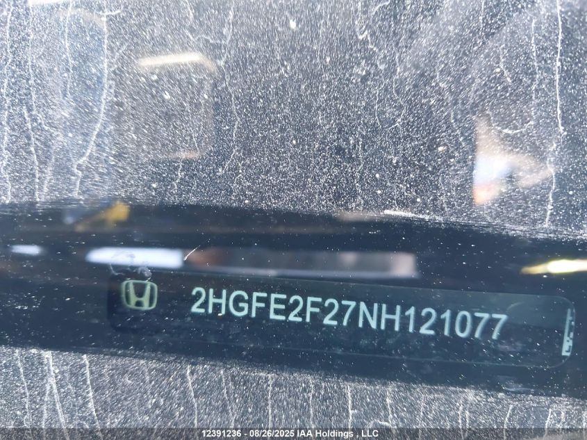 2022 Honda Civic Lx VIN: 2HGFE2F27NH121077 Lot: 12391236