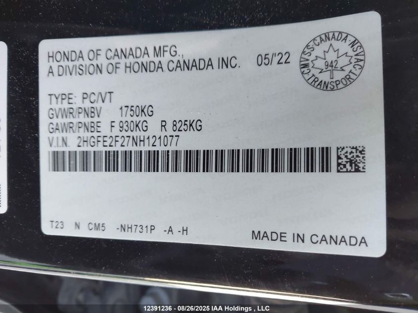 2022 Honda Civic Lx VIN: 2HGFE2F27NH121077 Lot: 12391236